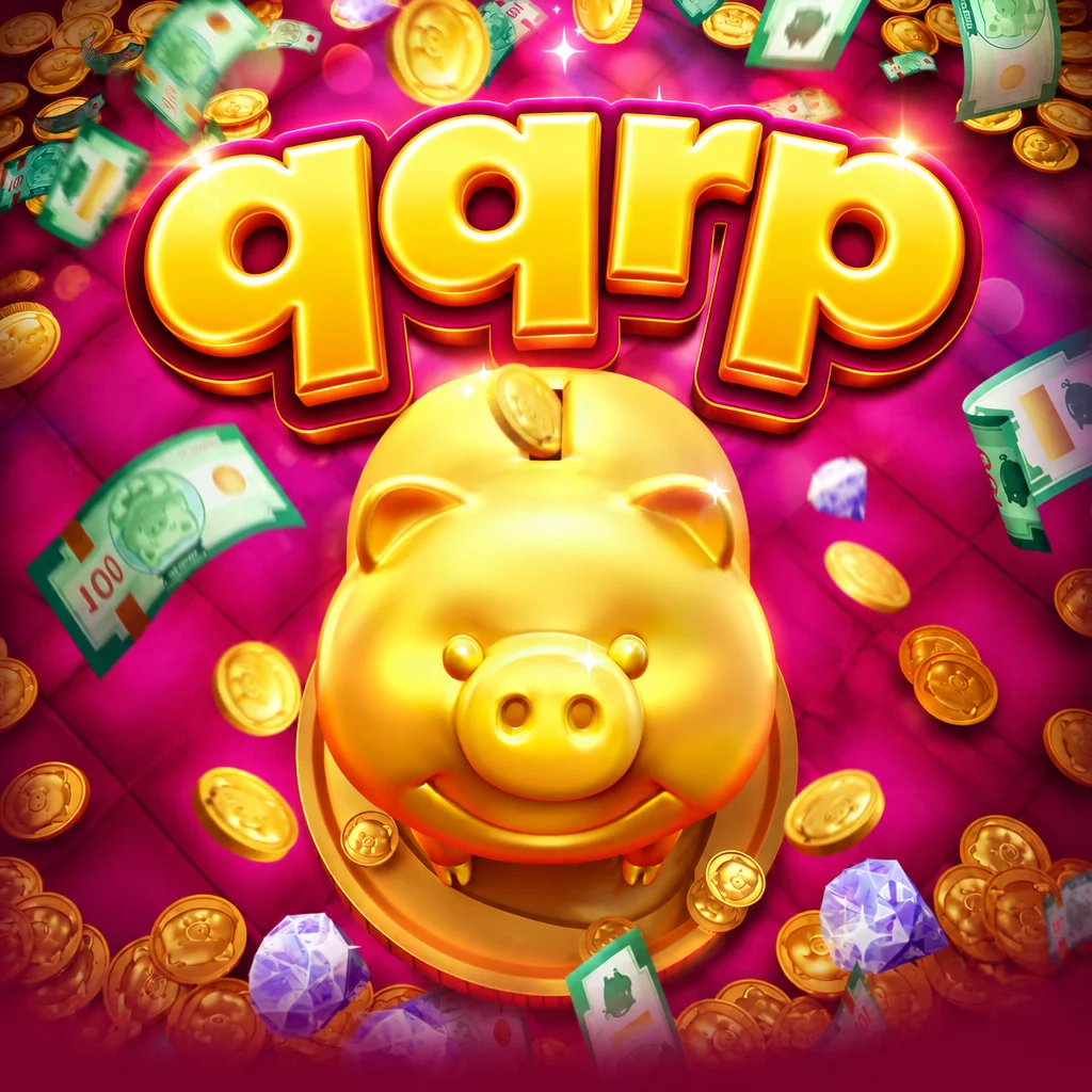 qqrp Lucky Piggy menampilkan karakter celengan babi emas di arena karnaval